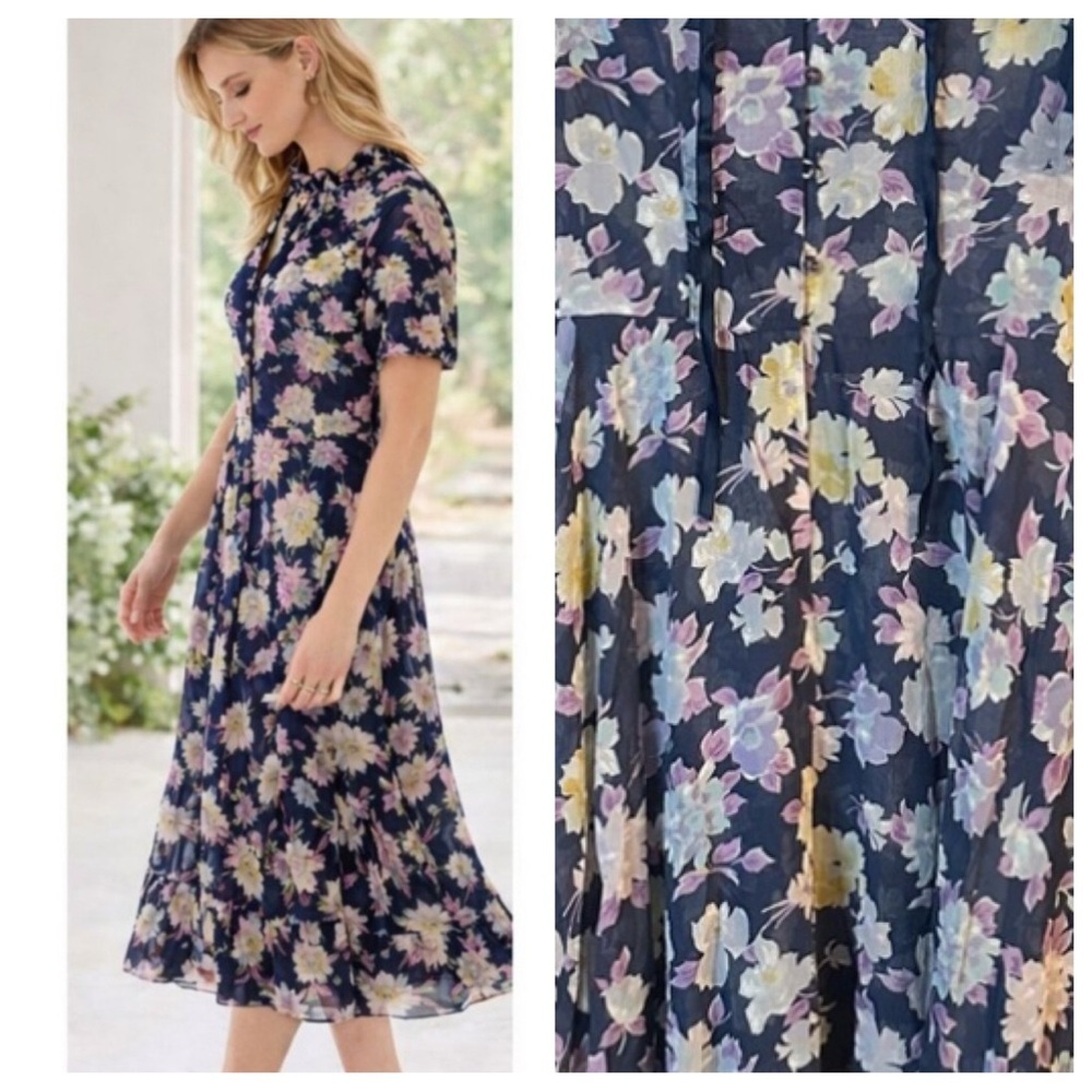 Nipon Boutique vintage Navy Floral Cotton Midi Dress 38148